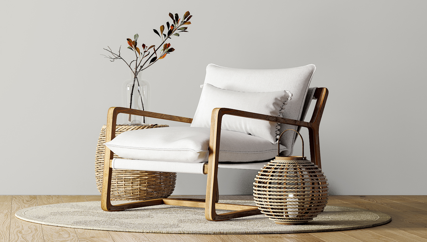 Scandinavian style armchair style with timber lantern and vase on a light grey background.